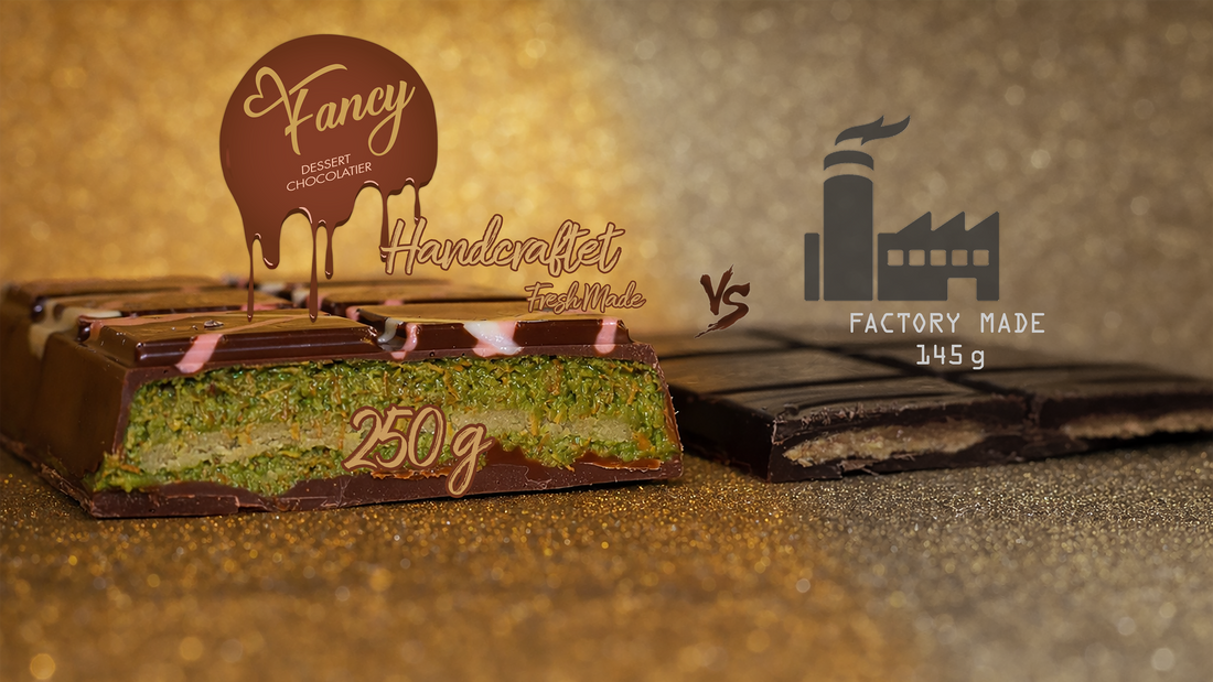Handcrafted pistachio chocolate with marzipan and rich pistachio filling vs factory made chocolate