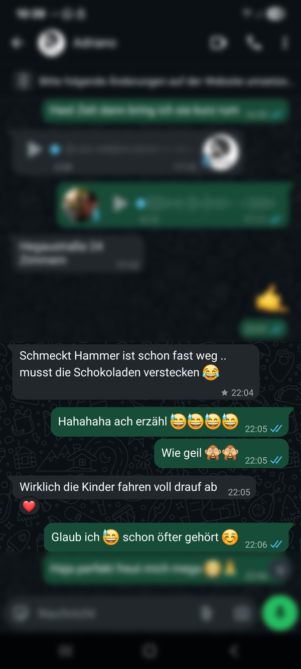 WhatsApp-Kundenfeedback von Adriano zur Trevia Pistazien-Schokolade