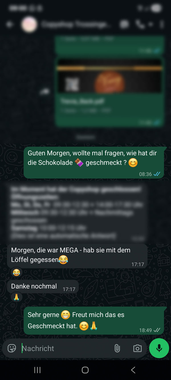 WhatsApp-Kundenfeedback zur Trevia Pistazien-Schokolade