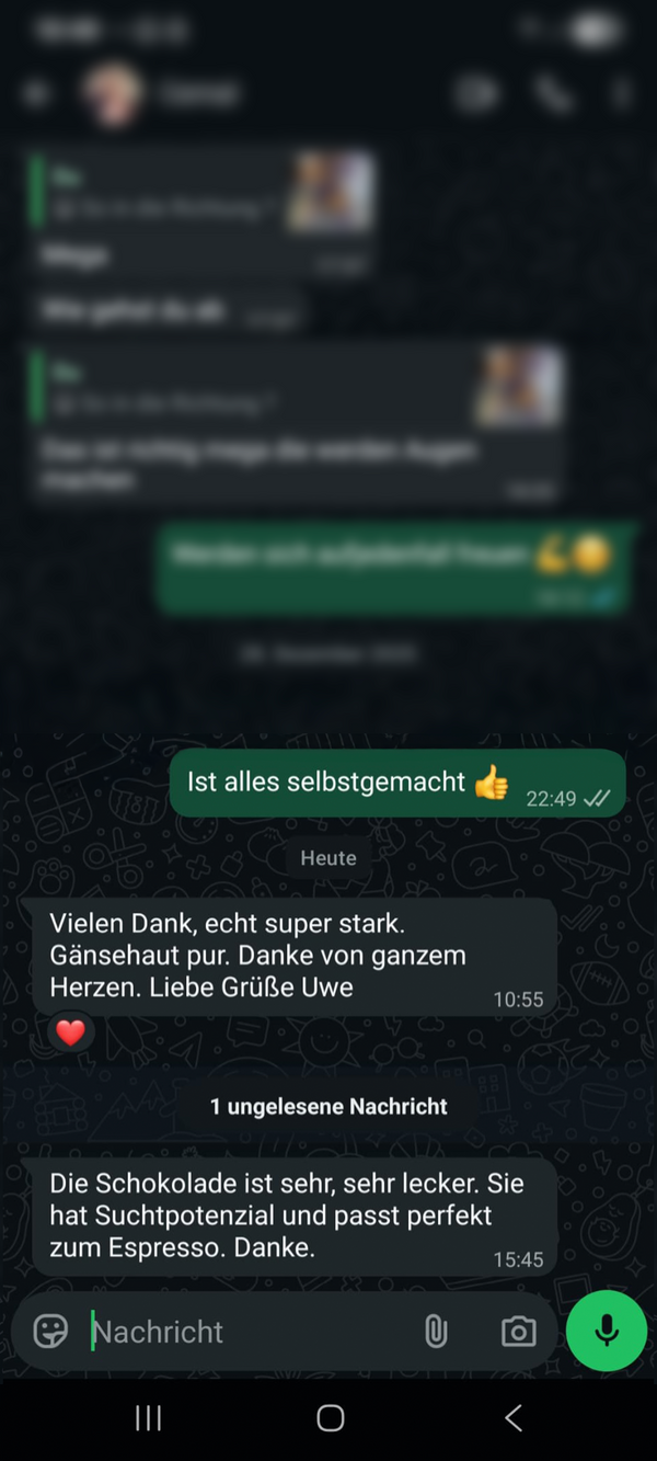 WhatsApp-Kundenfeedback von Uwe zur Trevia Pistazien-Schokolade